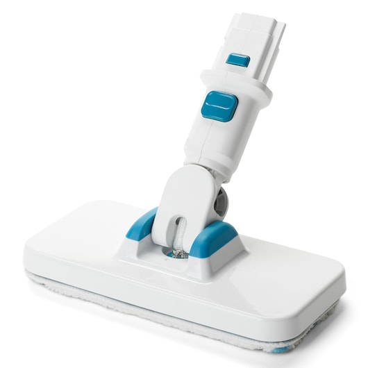 BLACK+DECKER BHSM15FX10 white and blue steam mop head close-up, rectangular base, white background.