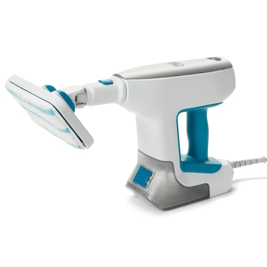 Photo of BLACKDECKER BHSM15FX10 steam cleaner with blue and white design, side view on white background.