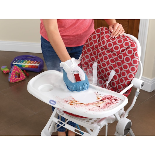 BLACKDECKER BHSM168DSM steam cleaning glove cleaning messy high chair tray, red patterned seat visible, side angle.