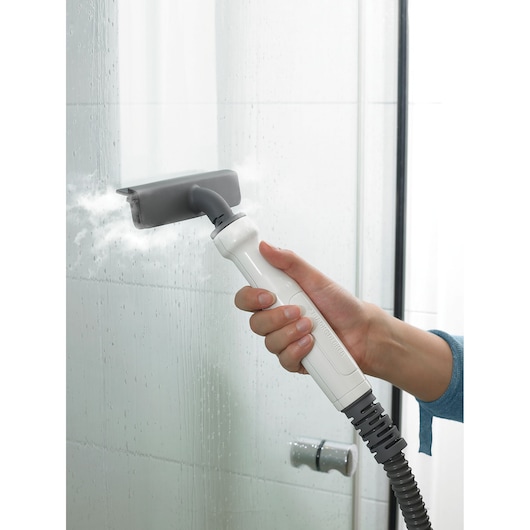 BLACKDECKER BHSM168DSM steam cleaner handheld accessory cleaning shower glass tile, side angle.