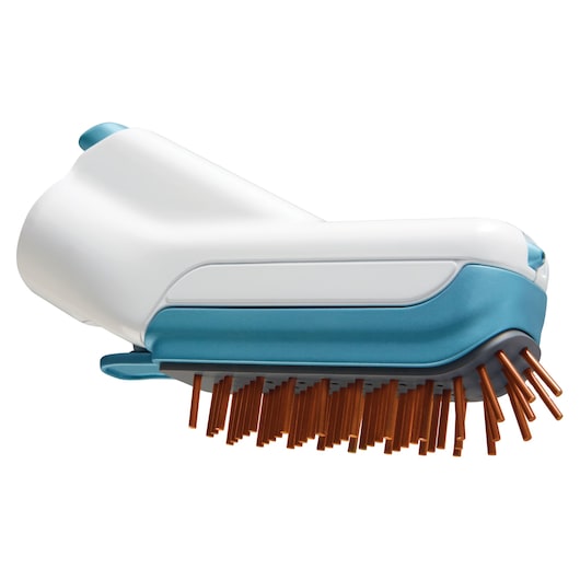 BLACKDECKER BHSM168DSM steam cleaner brush head, white and blue body with orange bristles, side angle on white background.
