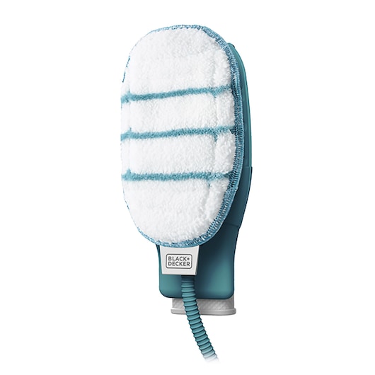 Photo of BLACK+DECKER BHSM168DSM steam cleaning hand tool with white and blue striped microfiber pad on white background.