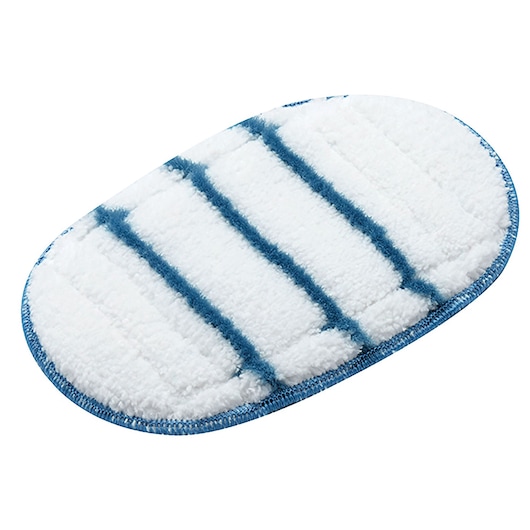 BLACKDECKER BHSM168DSM white and blue microfiber steam mop pad, oval shape, angled view, cleaning accessory.