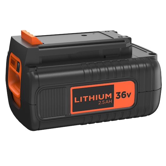 A BLACK+DECKER 36V 2.5Ah lithium battery pack with a black and orange design, suitable for use with compatible cordless tools.