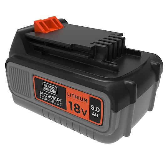 A BLACK+DECKER Power Connect 18V lithium-ion battery pack with 5.0 Ah capacity, featuring a compact, rectangular design with a grey and black body, an orange label, and orange latch.