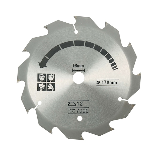 BLACKDECKER CS1250LKA metal circular saw blade with safety icons and specifications, front angle.