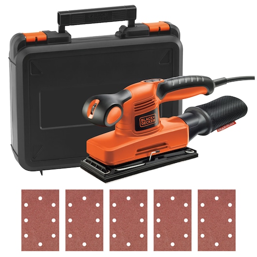 BLACK+DECKER® 240W Variable Speed 1/3 Sheet Sander with 5 sanding sheets, dust bag, and kit box.