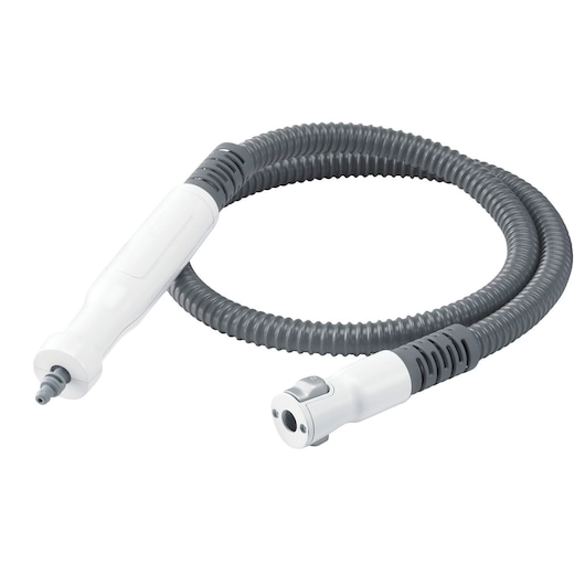 BLACKDECKER FSMH1321 steam cleaner hose attachment, flexible gray and white, side angle on white background.