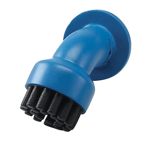 BLACK+DECKER FSMH1321 blue and black round brush head attachment, photography, angled view on white background.