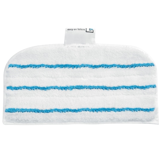BLACKDECKER FSMH1321 white microfiber mop pad with blue stripes, photography, front angle.