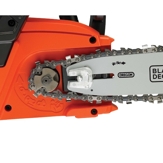 BLACKDECKER GKC3630L20 chainsaw blade and chain close-up, orange and silver, side angle.