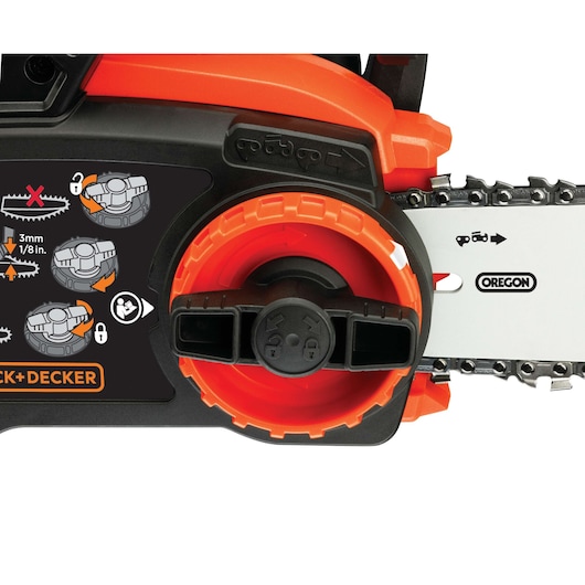 BLACKDECKER GKC3630L20 chainsaw side view with chain tension adjustment knob and instruction graphics.