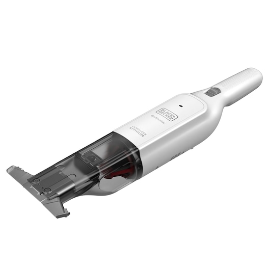 BLACK+DECKER HLVC315B11 cordless hand vacuum, white and black design, angled view on white background.