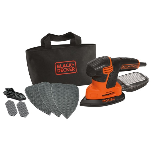 A BLACK+DECKER Mouse sander set including an orange and black electric sander, multiple sanding pads, accessories, and a black storage bag with the BLACK+DECKER logo.