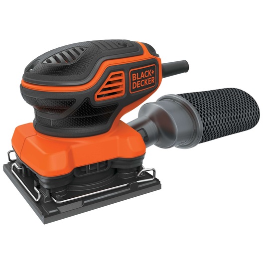 A BLACK+DECKER electric sander with an orange and black body and a dust collection attachment.