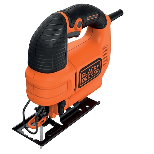 BLACK+DECKER KS701PEK jigsaw, orange and black, side angle, ergonomic handle and metal base, photography.
