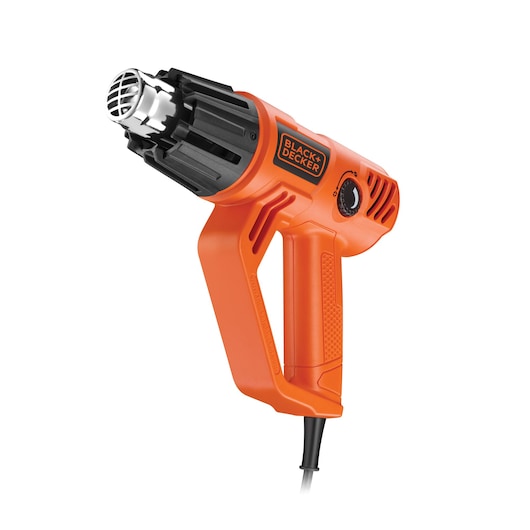 A BLACK+DECKER branded orange heat gun with a black nozzle and adjustable temperature dial, shown against a white background.