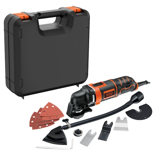 The BLACK+DECKER® 300W Electric Oscillating Multi-Tool with included accessories and kit box.