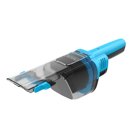 BLACKDECKER handheld vacuum NVD215J, blue and black, side angle, clear dust container.