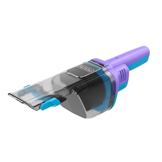Photo of BLACKDECKER handheld vacuum with clear nozzle, purple and blue accents, model NVD220BP, angled view.