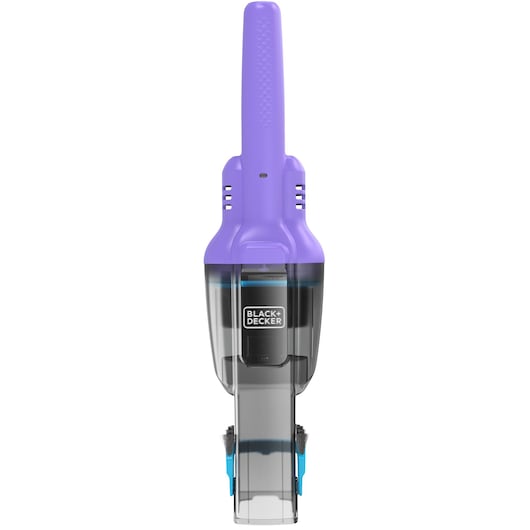 BLACK+DECKER handheld vacuum NVD220BP, front angle, purple handle, clear dustbin, blue accents, white background.