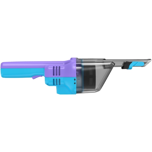BLACKDECKER NVD220BP handheld vacuum in purple and blue, side view on white background.