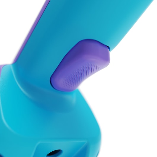 Close-up photo of BLACK+DECKER NVD220BP, blue and purple handle with textured purple trigger, white background.