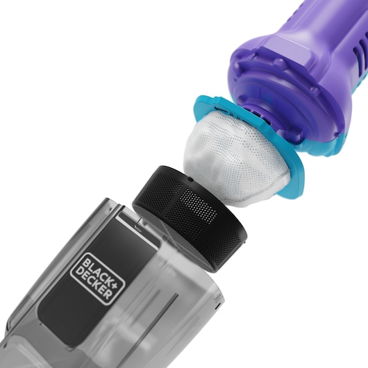BLACK+DECKER handheld vacuum NVD220BP close-up, showing filter assembly and dust container on white background.
