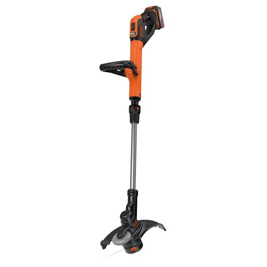 A BLACK+DECKER cordless grass trimmer with an orange and black design, featuring an adjustable handle and a cutting head at the bottom.